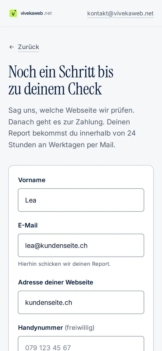Das Bestellformular des Webseiten-Checks auf dem Handy, ausgefüllt mit Vorname, E-Mail und Webseite