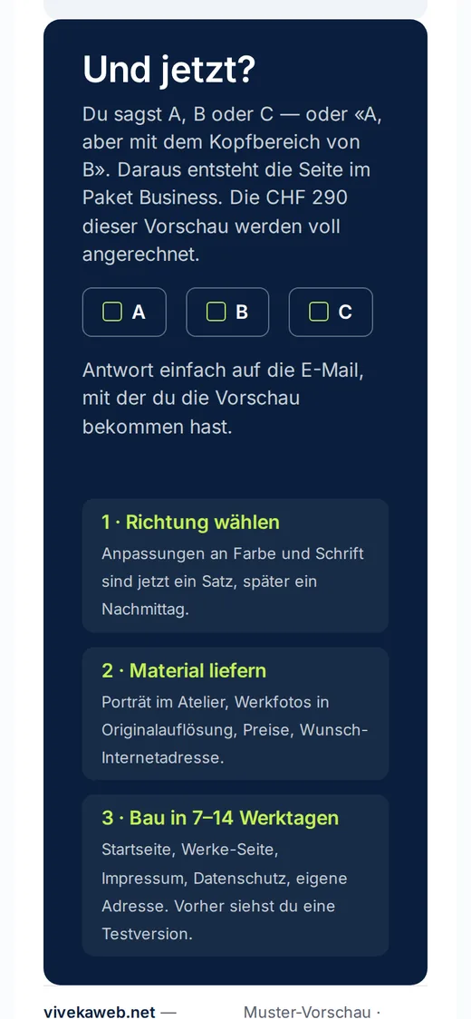 Die letzte Seite der Muster-Vorschau auf dem Handy: «Und jetzt?», die Wahl zwischen A, B und C und die nächsten Schritte