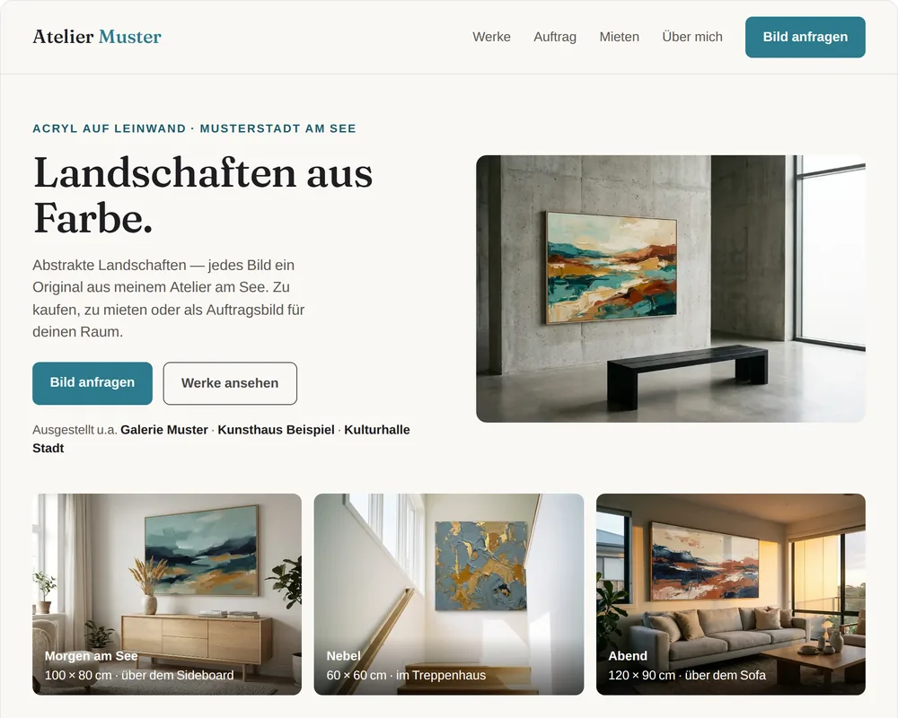 Der Entwurf von Richtung A, wie wir ihn im Videocall zeigen: «Landschaften aus Farbe.» mit einem Bild im Raum