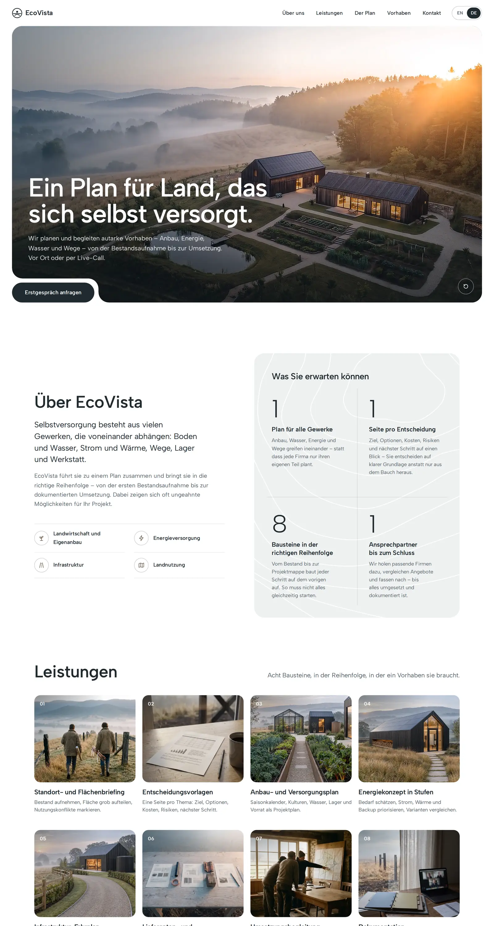 Webseite von EcoVista: Drohnenbild eines Hofs im Morgennebel, Titel «Ein Plan für Land, das sich selbst versorgt», darunter Leistungen in acht Bausteinen.