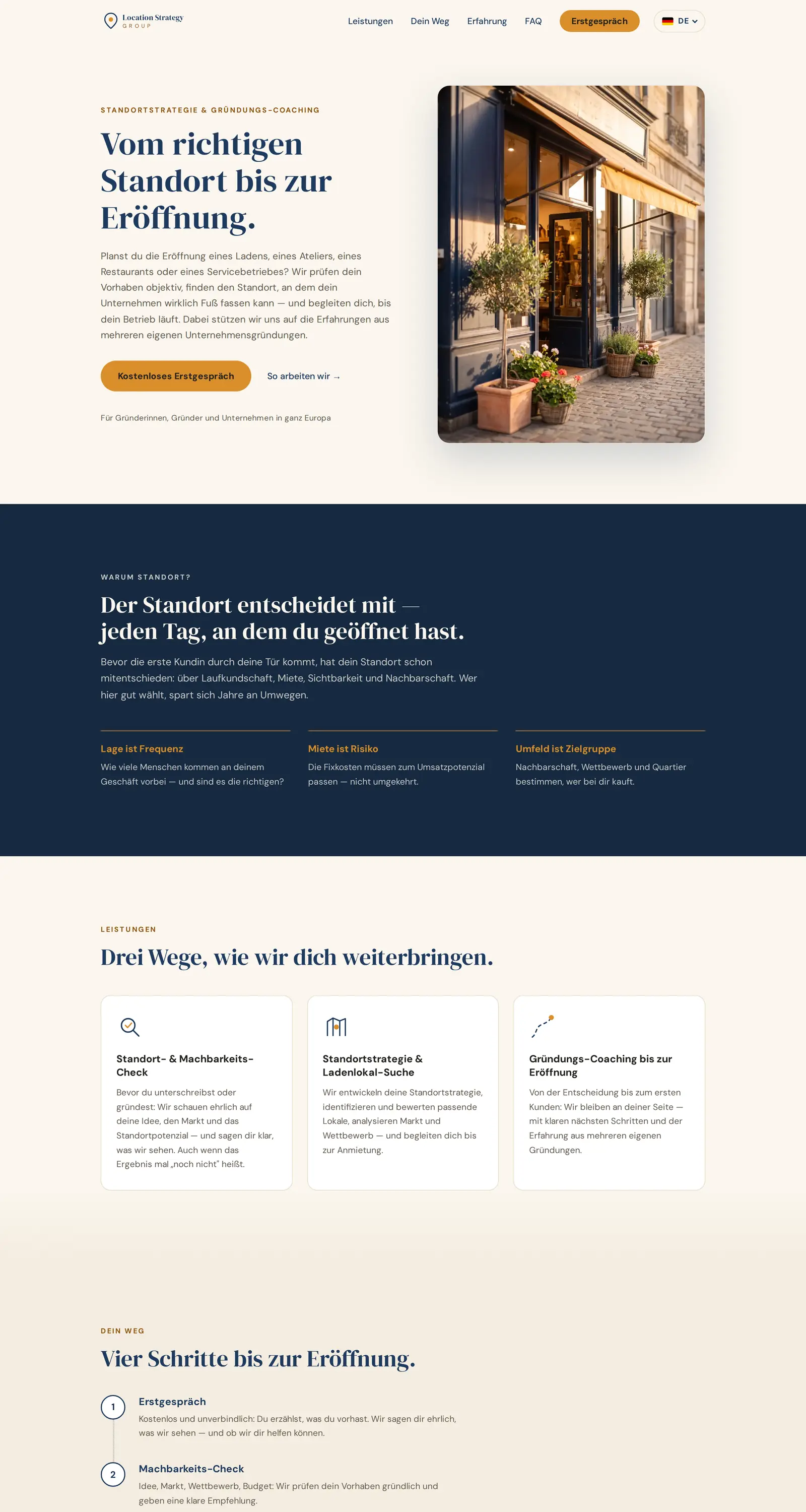 Webseite der Location Strategy Group: Titel «Vom richtigen Standort bis zur Eröffnung.», daneben ein Ladeneingang mit Pflanzen, oben die Sprachwahl.