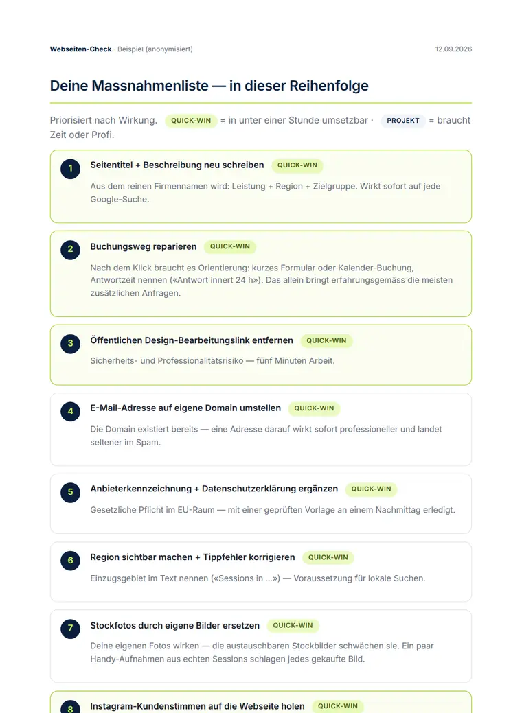 Beispiel-Report Massnahmenliste mit priorisierten Quick-Wins
