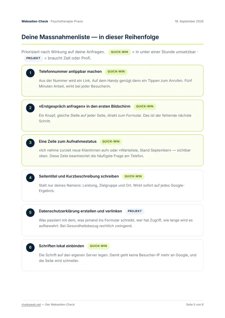 Massnahmenliste des Musterreports mit Quick-Wins zuerst