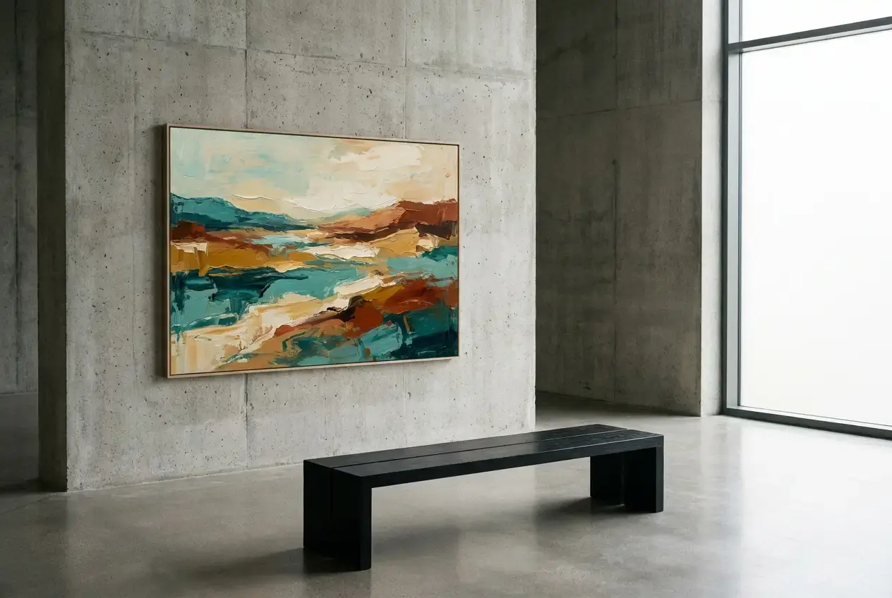 Abstrakte Landschaft in Petrol und Ocker, Acryl auf Leinwand, an einer Betonwand über einer schwarzen Sitzbank
