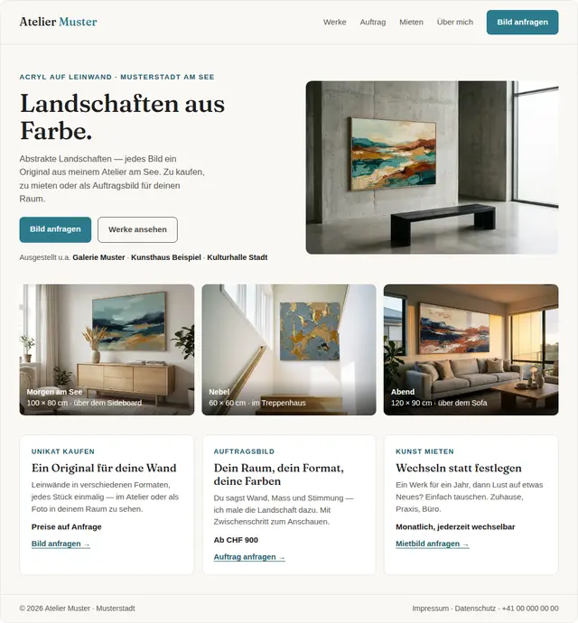 Richtung A, Galerieweiss: helle Startseite mit Petrol-Akzent