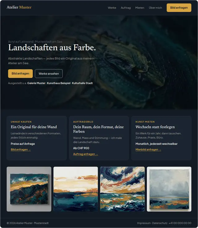 Richtung B, Atelier bei Nacht: dunkle Startseite mit Ocker-Akzent