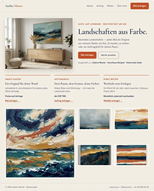 Richtung C, Papier und Tinte: warme Startseite mit Terracotta-Akzent
