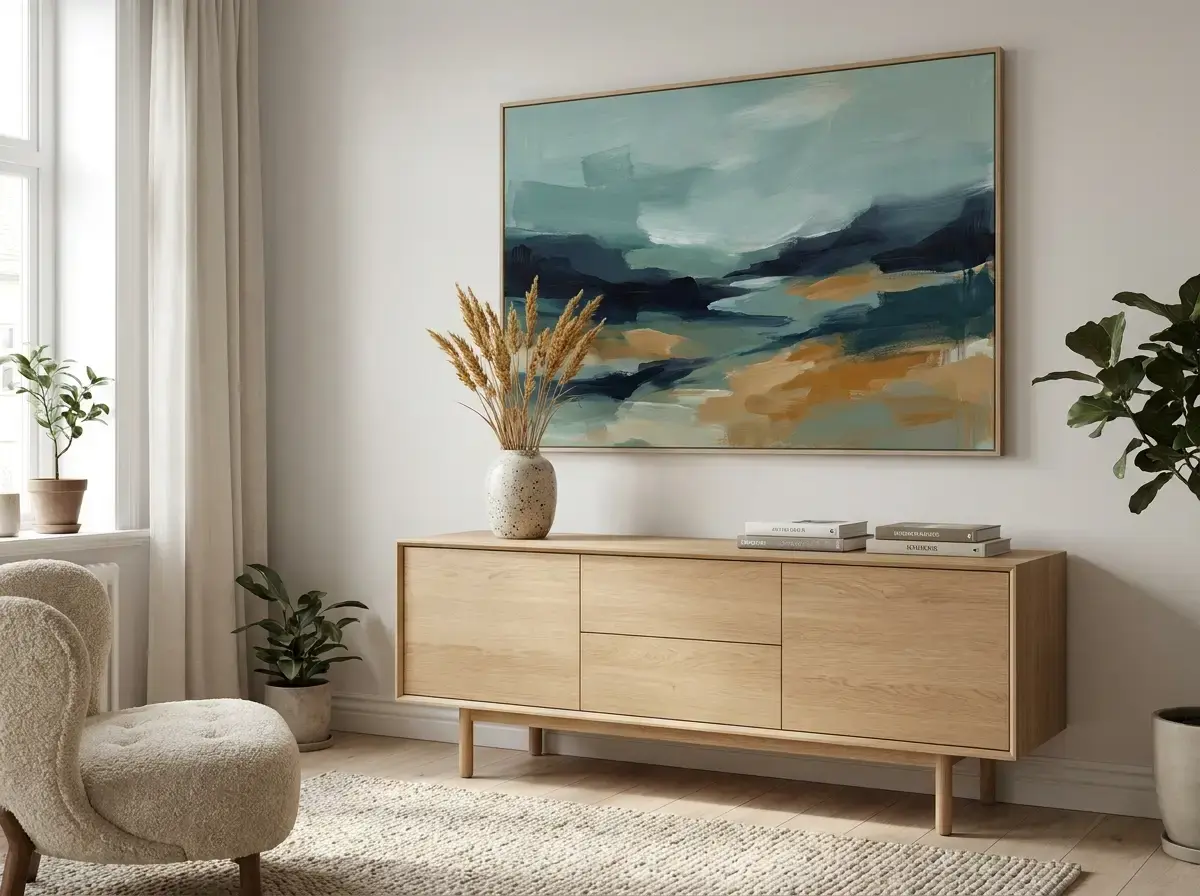 Seebild über einem hellen Sideboard mit Keramik