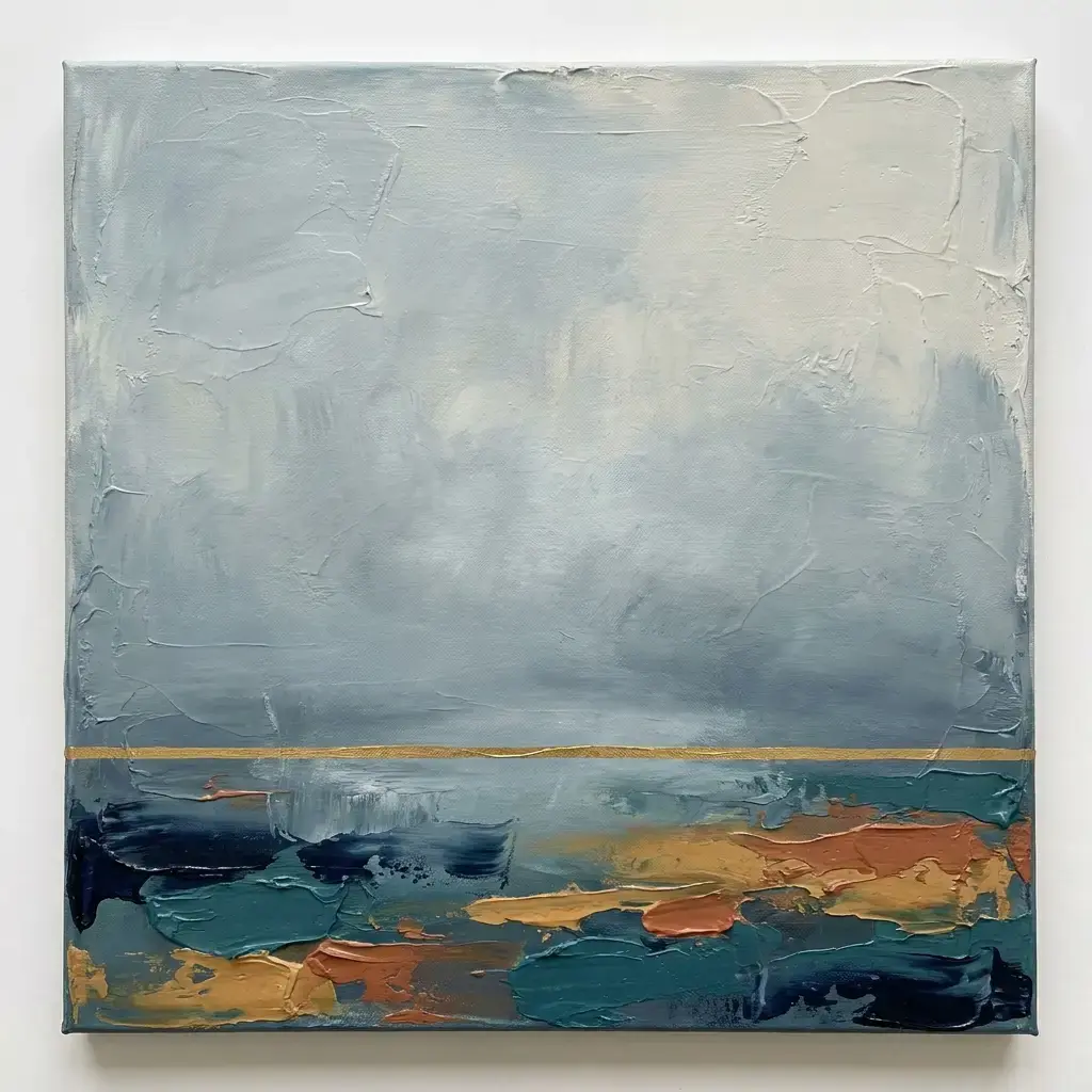 Nebel über Wasser mit einer goldenen Linie, Acryl auf Leinwand