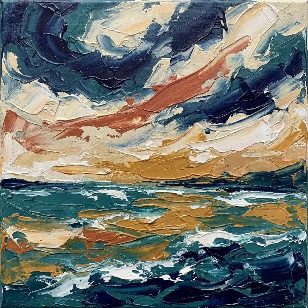 Sturmlicht über dem See, Indigo und Terracotta, Acryl auf Leinwand