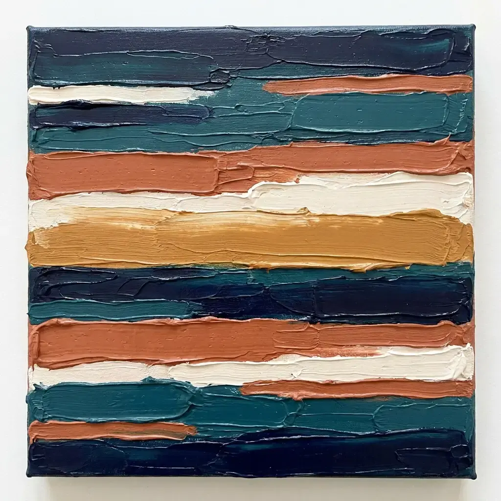 Abendufer in Terracotta und Marine mit Ocker-Horizont, Acryl auf Leinwand