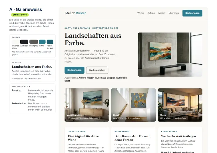 Muster-Seite «Richtung A»: Farben mit Namen, Schriftpaar, Steckbrief und der Entwurf der Startseite